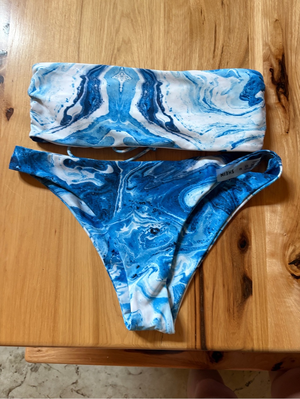 SHEIN Blue & White Marble Bandeau Bikini Set